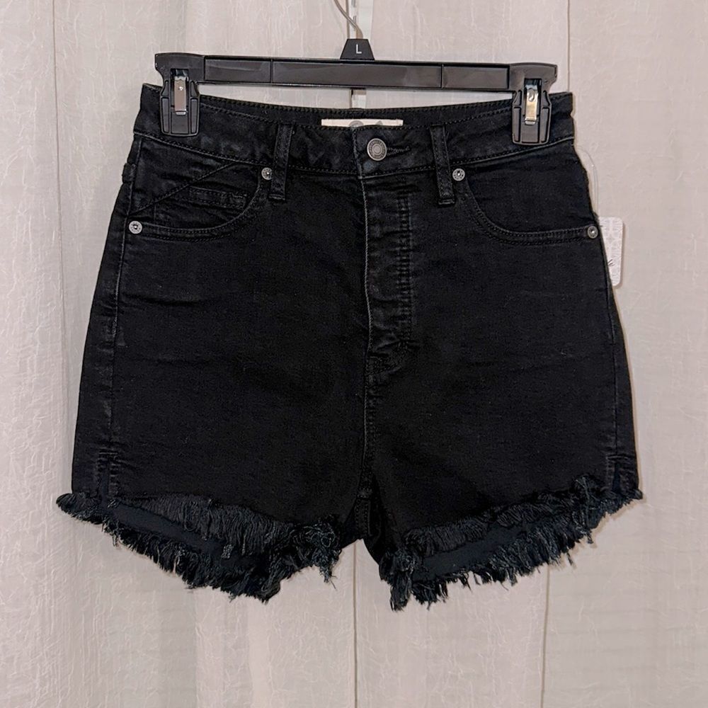 free people 26 crvy High Rise Black Raw Fringe Frayed Hem Denim Shorts - Picture 3 of 13